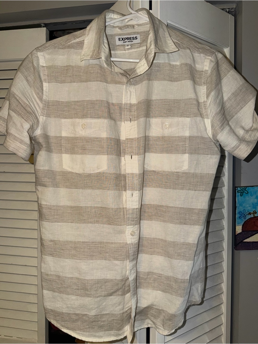 Express Short-Sleeve Striped Button-Down Shirt in Beige and White